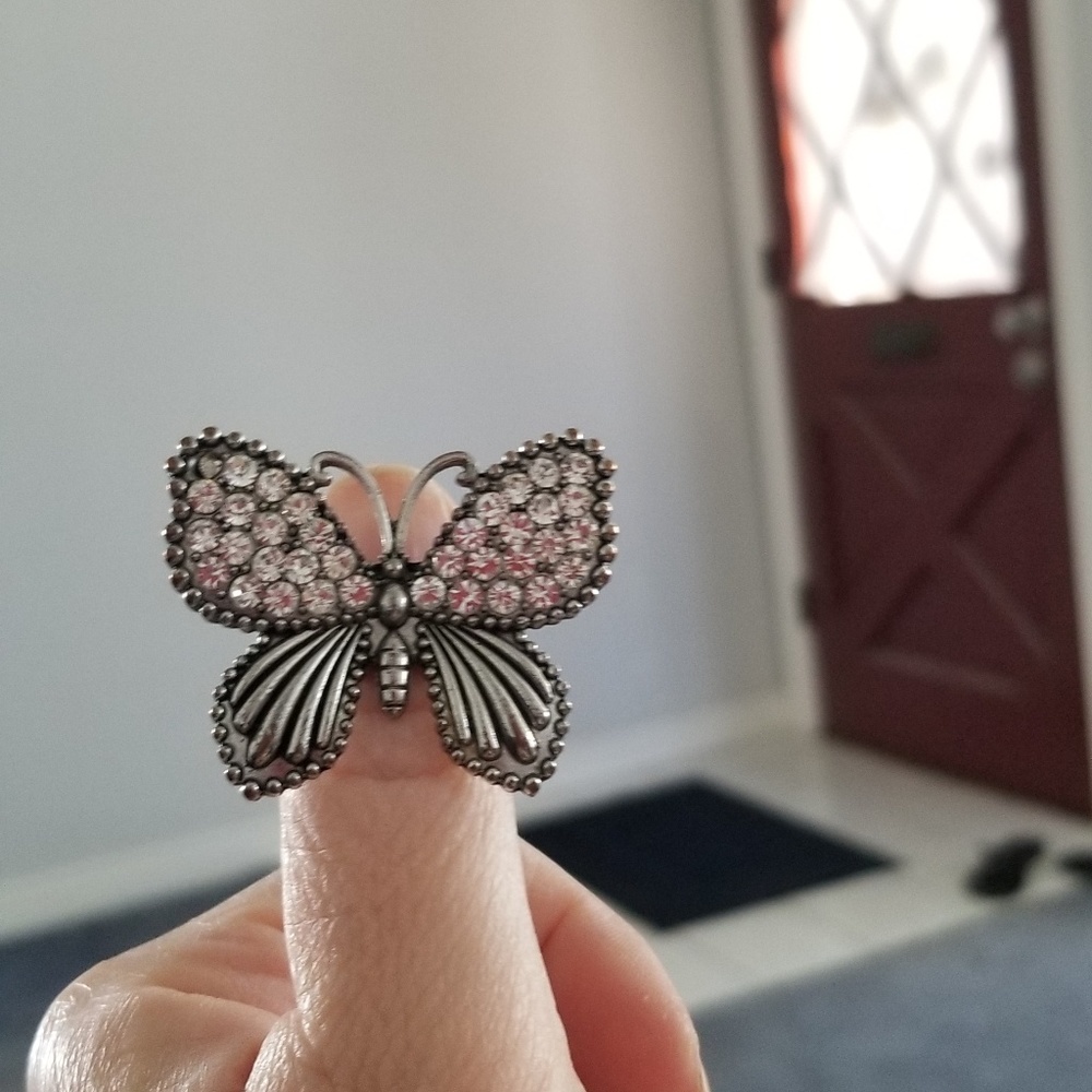 Silver crystal butterfly stretch ring
